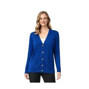 Tory Burch 100% Merino Wool Cardigan Blue V-Neck Button Front Size L Classic